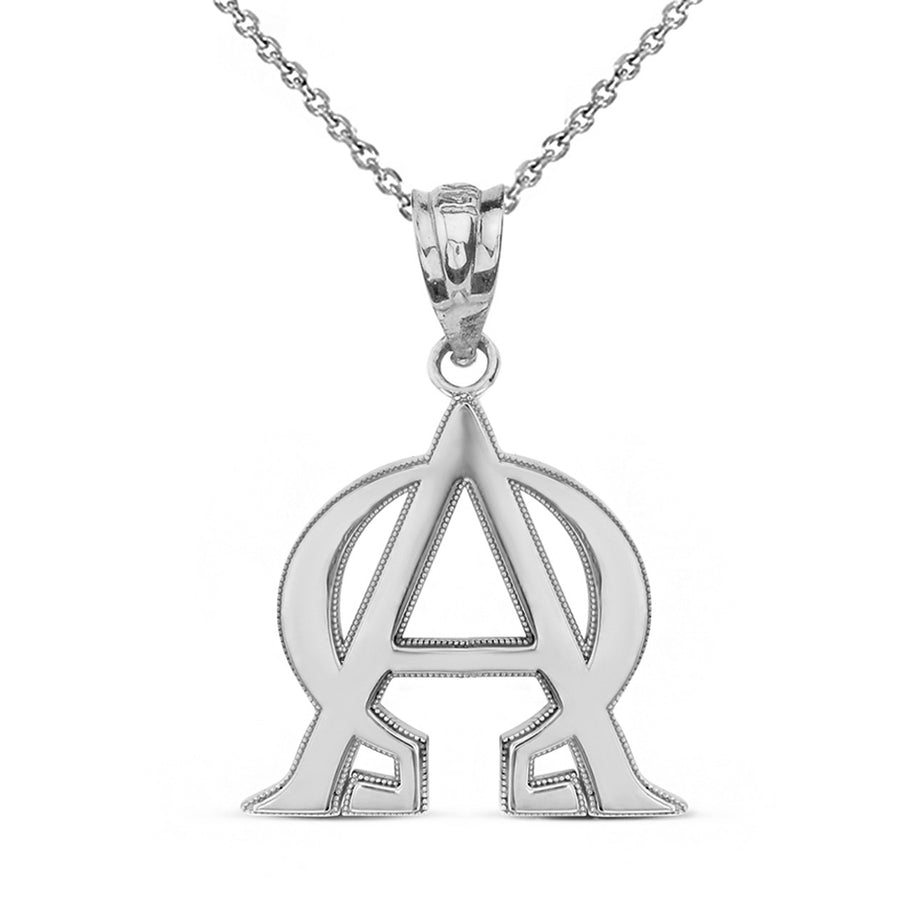.925 Sterling Silver Christian Alpha and Omega Symbol Milgrain Pendant Necklace