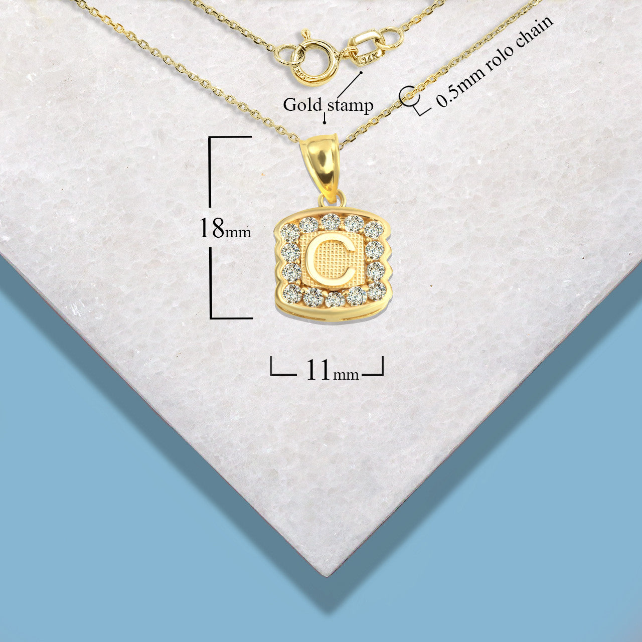 Gold Hammered CZ Initial Letter Pendant Necklace