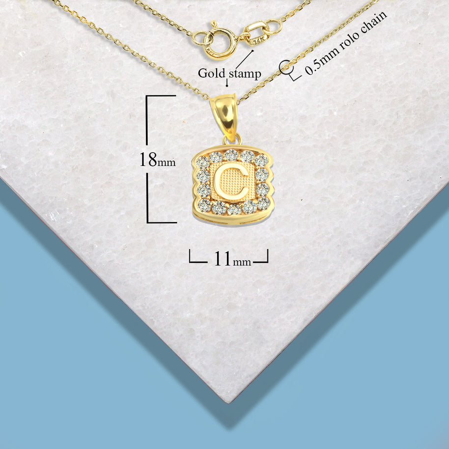 Gold Hammered CZ Initial Letter Pendant Necklace