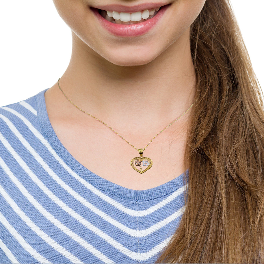 Tri-Color Gold Quinceañera 15 Años Heart Filigree Rose Flower Pendant Necklace