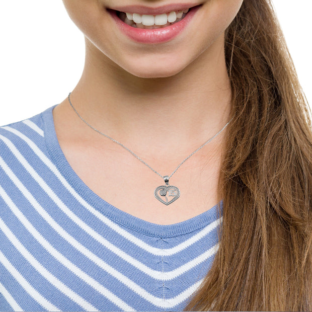 .925 Sterling Silver Quinceañera 15 Años Heart Filigree Rose Flower Pendant Necklace