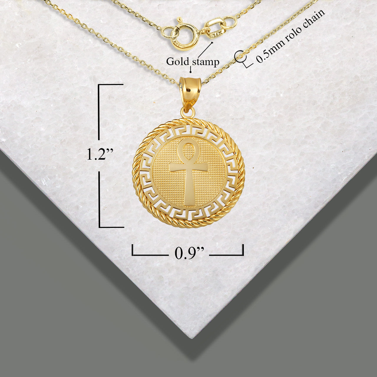 Gold Beaded Egyptian Ankh Amulet Greek Key Rope Pendant Necklace (Available in Yellow/Rose/White)