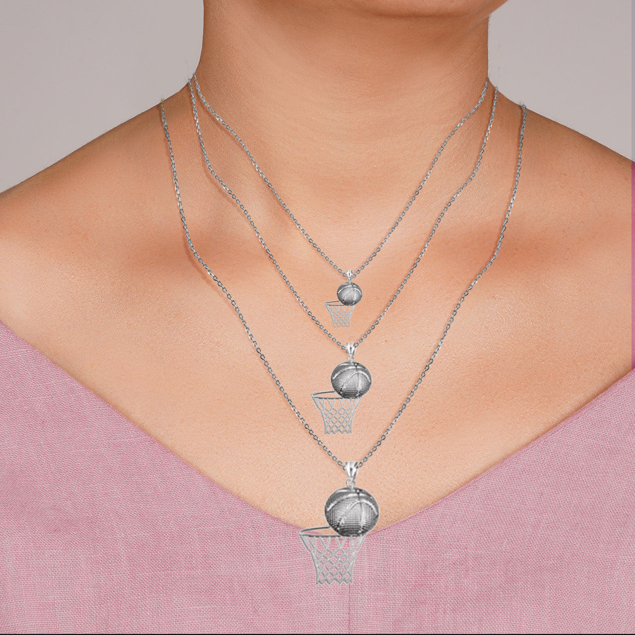 .925 Sterling Silver Basketball Hoop Sports Beaded Pendant Necklace (Available in Small/Medium/Large)