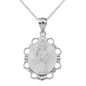 Sterling Silver Rope Frame Diamond Cut Santa Muerte Circle Pendant Necklace