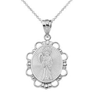 Sterling Silver Rope Frame Diamond Cut Santa Muerte Circle Pendant Necklace