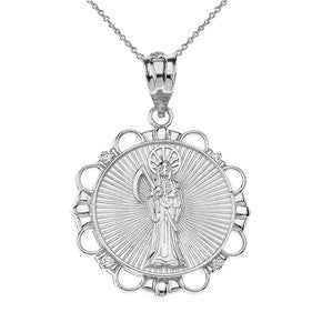 Sterling Silver Rope Frame Diamond Cut Santa Muerte Circle Pendant Necklace