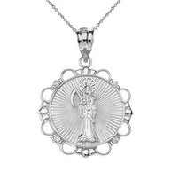 Sterling Silver Rope Frame Diamond Cut Santa Muerte Circle Pendant Necklace