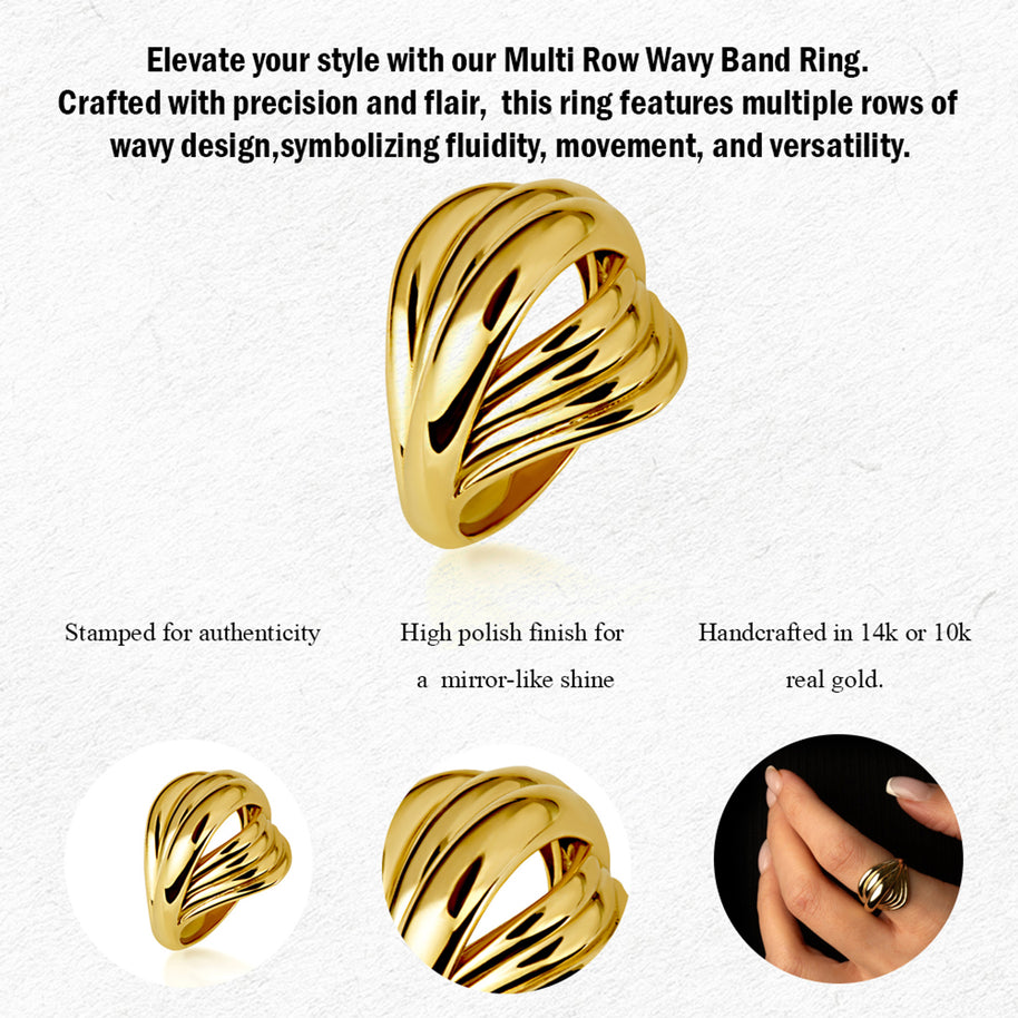 Gold Multi Row Wavy Band Ring (Available in Yellow/Rose/White Gold)