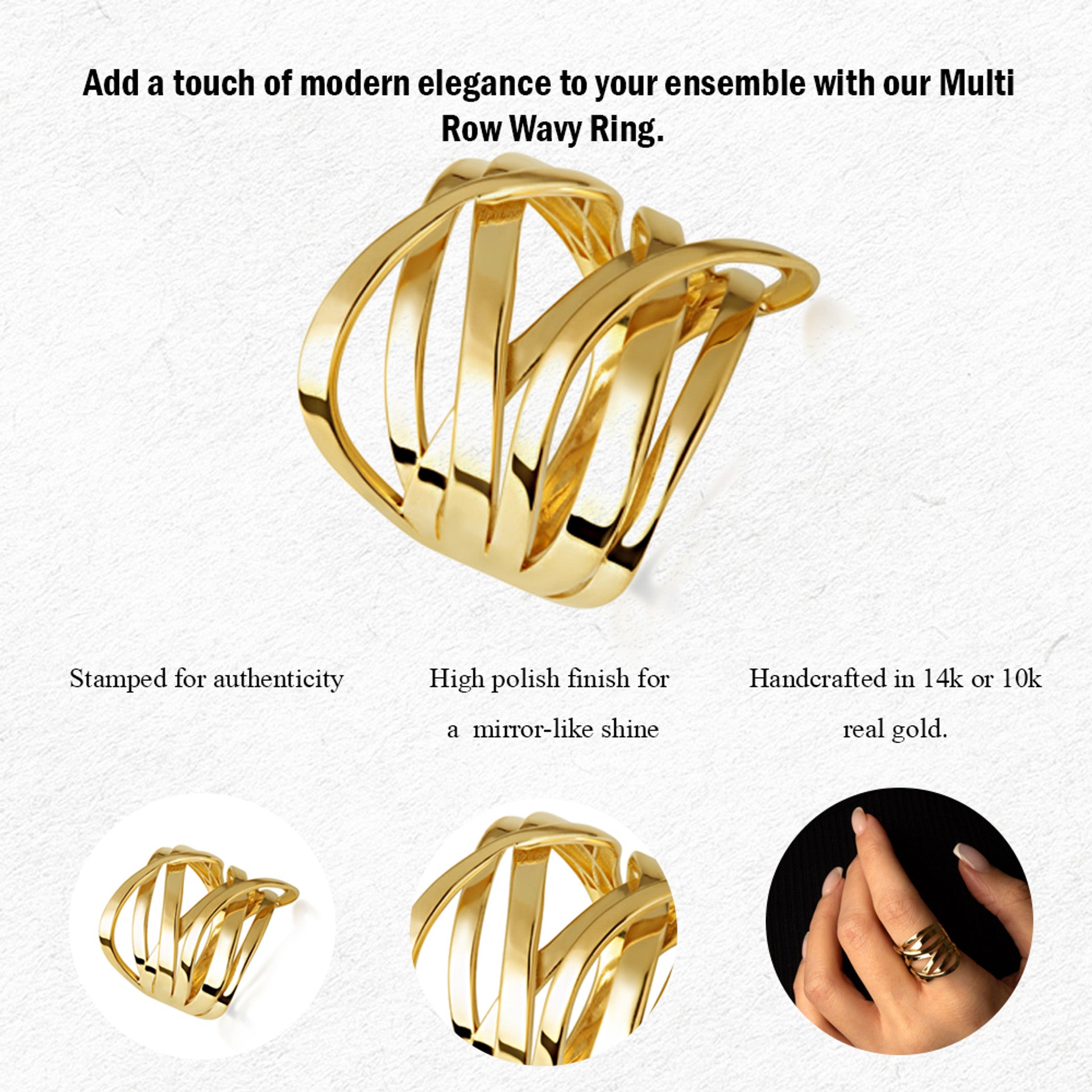 Gold Multi Row Wavy Ring (Available in Yellow/Rose/White Gold)