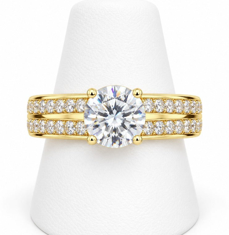 10K Yellow Gold Women's Double Row CZ Solitaire Ring