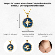 Solid Gold Enamel Compass Rose Medallion Pendant Necklace (Available in Yellow/Rose/White Gold)
