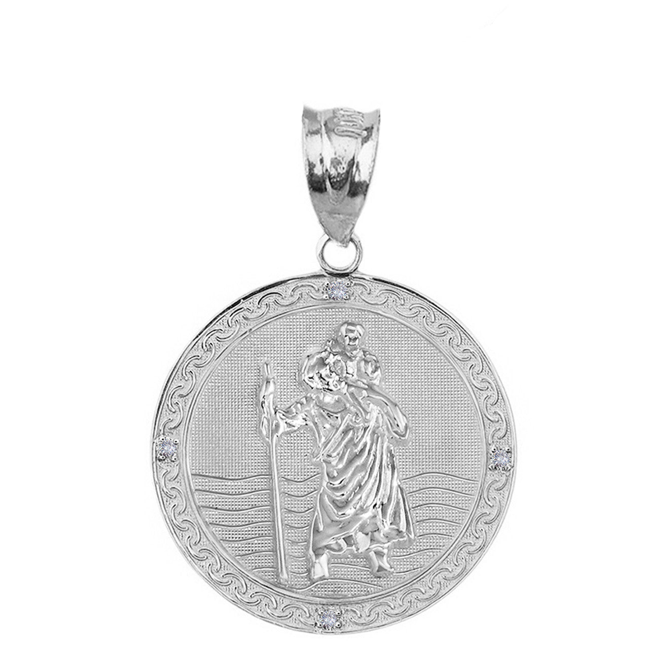 Sterling Silver Saint Christopher Engravable Medallion Circle CZ Pendant Necklace ( 1.16