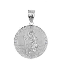 Sterling Silver Saint Christopher Engravable Medallion Circle CZ Pendant Necklace ( 1.16