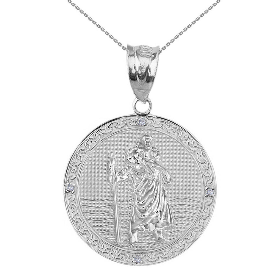 Sterling Silver Saint Christopher Engravable Medallion Circle CZ Pendant Necklace ( 1.16