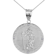 Sterling Silver Saint Christopher Engravable Medallion Circle CZ Pendant Necklace ( 1.16