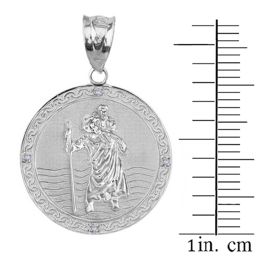 Sterling Silver Saint Christopher Engravable Medallion Circle CZ Pendant Necklace ( 1.16