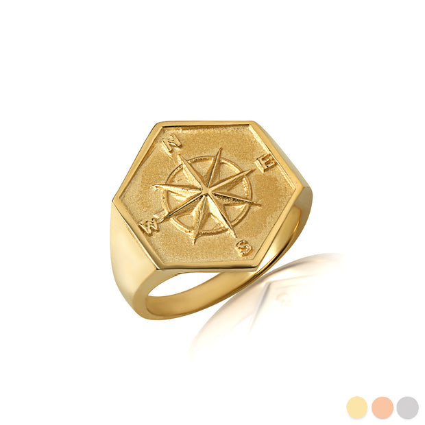 Gold Compass Rose Navigation Signet Ring (Available in Yellow/Rose/White Gold)