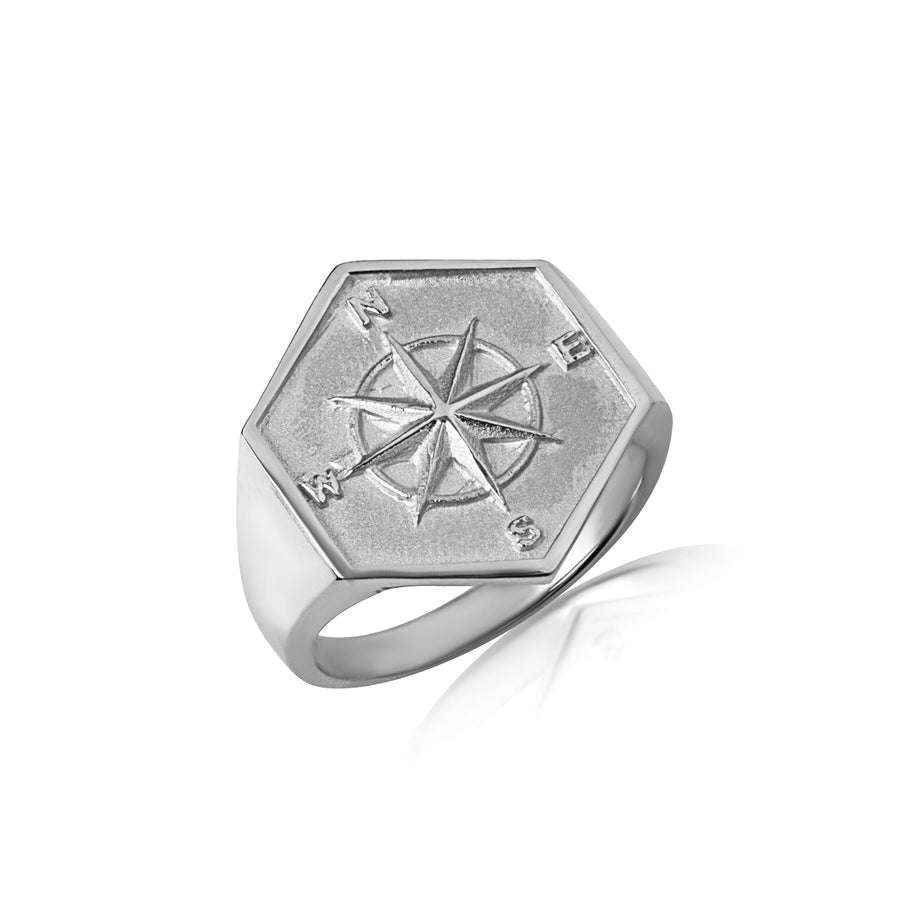 .925 Sterling Silver Compass Rose Navigation Signet Ring