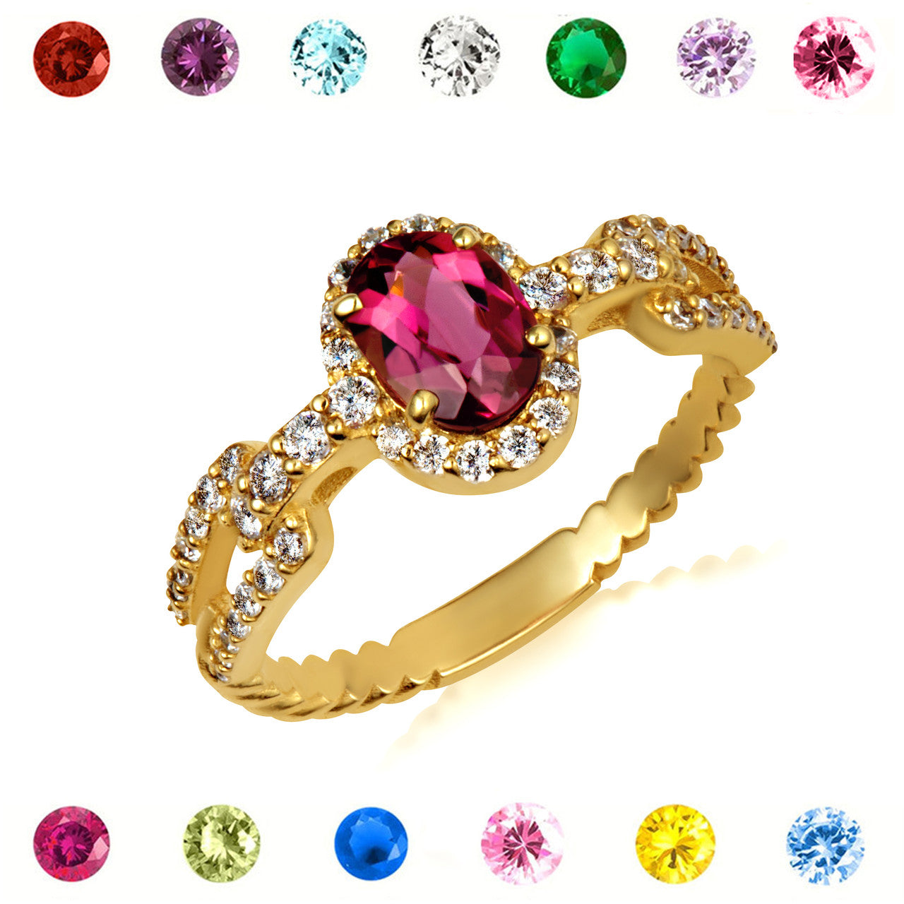Gold Oval Gemstone Diamond Halo Studded Chain Link Ring 7.5mm (Available in Yellow/Rose/White Gold)
