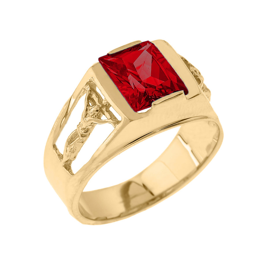 Yellow Gold Crucifix Cross Lab Created Gemstone Men's Ring
