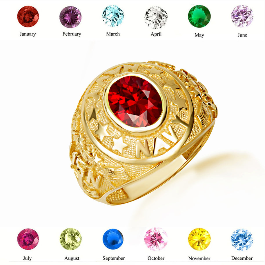Gold United States Navy Cubic Zirconia Birthstone Officially Licensed Men's Ring (Available in Yellow/Rose/White Gold)