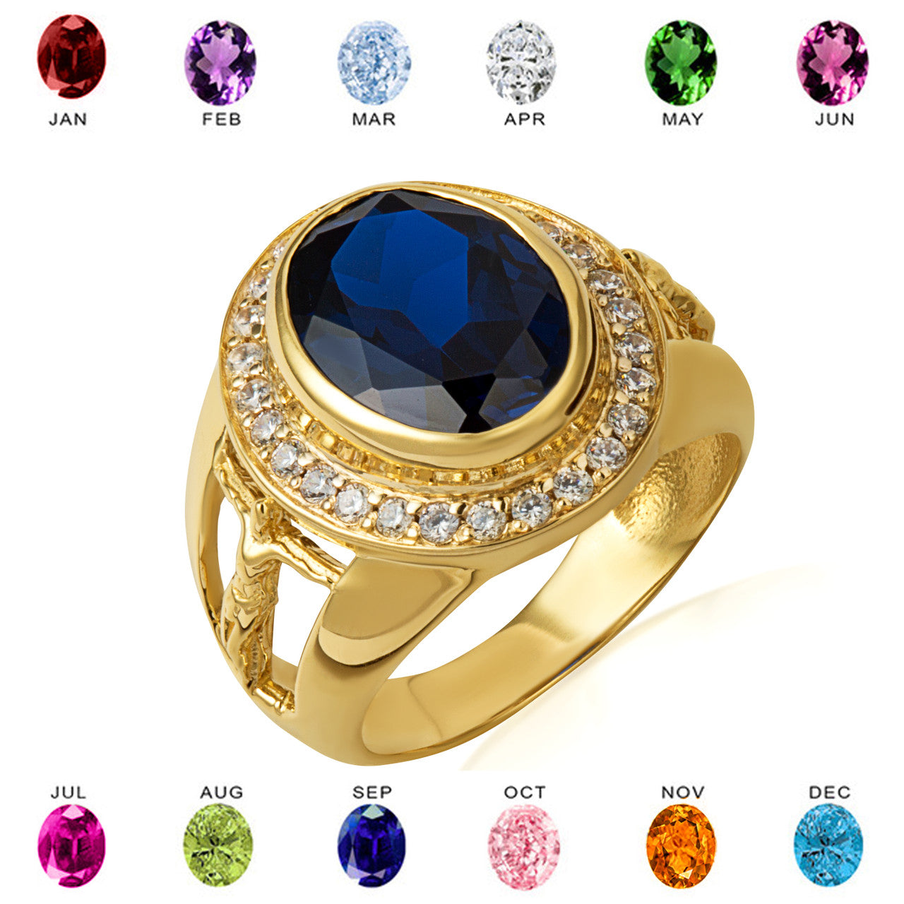 Gold Oval Birthstone Halo Jesus Christ Cross Crucifix Ring (Available in Yellow/Rose/White Gold)