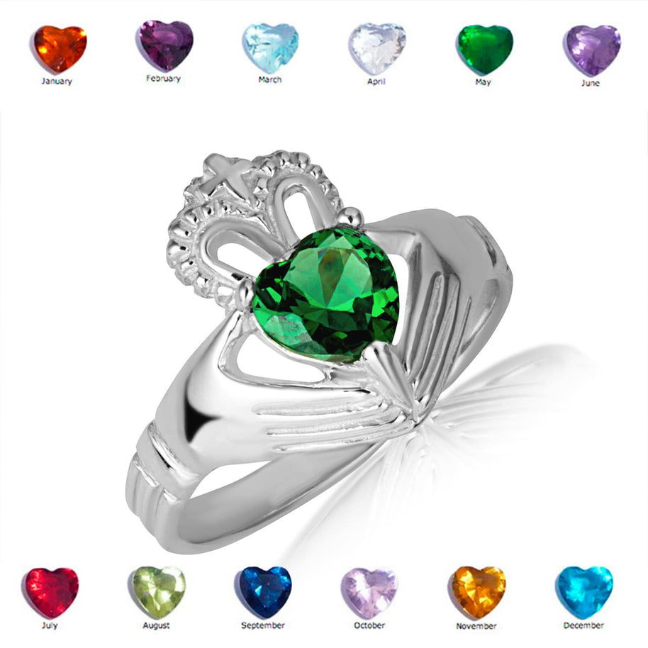 .925 Sterling Silver Woman's Elegant Claddagh Birthstone Heart Shape Ring