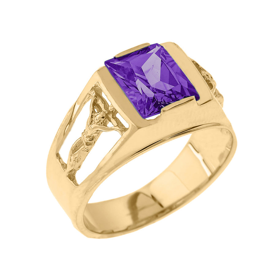 Yellow Gold Crucifix Cross Lab Created Gemstone Men's Ring