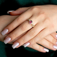 Gold Oval Gemstone Diamond Halo Studded Chain Link Ring 7.5mm (Available in Yellow/Rose/White Gold)