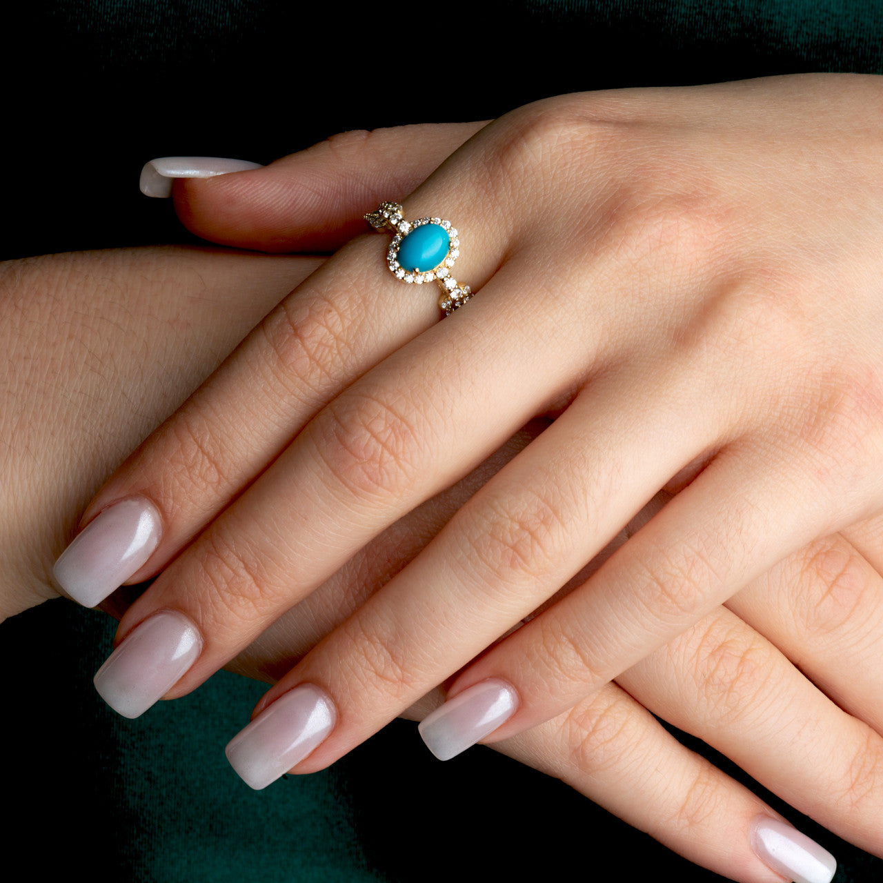 Gold Oval Gemstone Diamond Halo Studded Chain Link Ring 7.5mm (Available in Yellow/Rose/White Gold)
