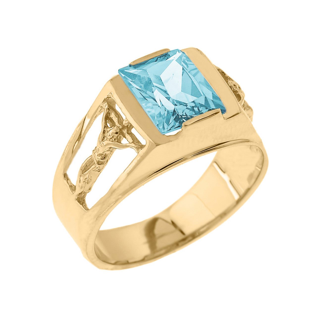 Yellow Gold Crucifix Cross Lab Created Gemstone Men's Ring