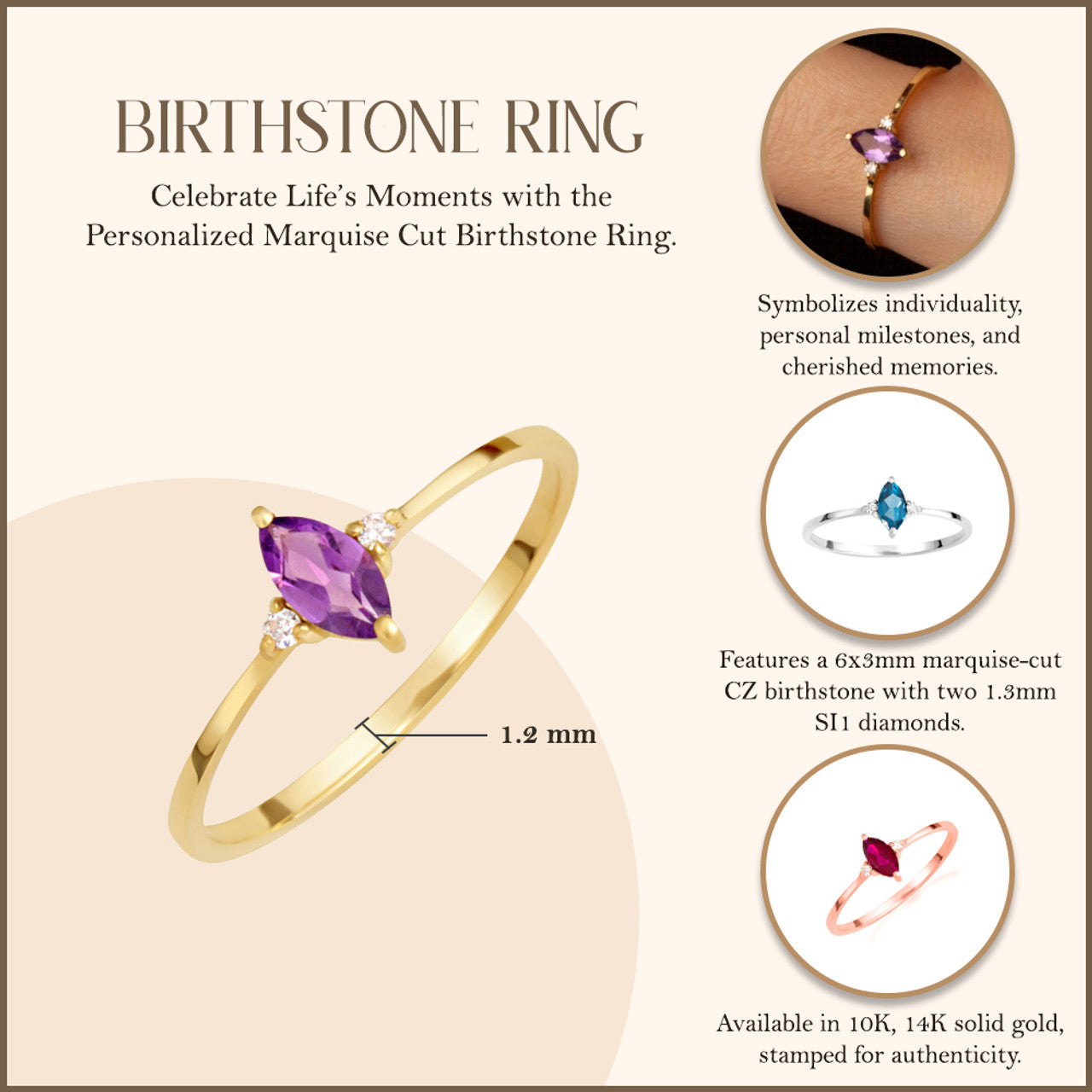 Gold Personalized Marquise Cut Birthstone Ring