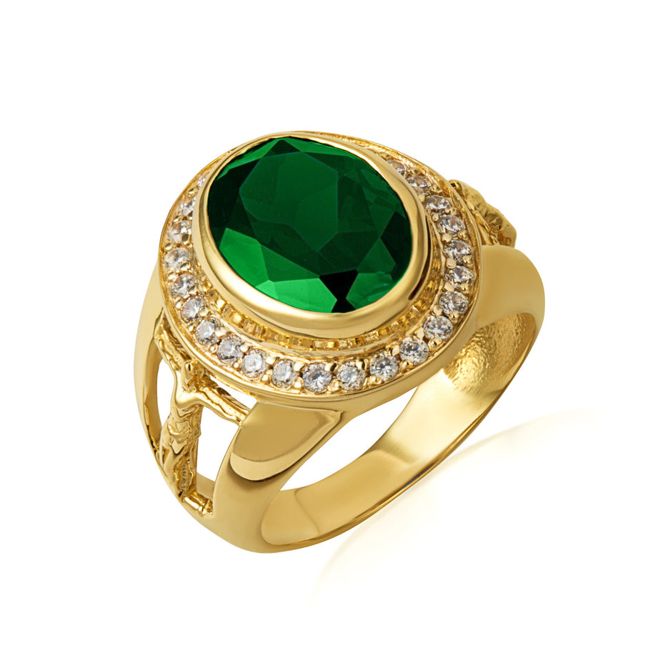 Gold Oval Birthstone Halo Jesus Christ Cross Crucifix Ring (Available in Yellow/Rose/White Gold)