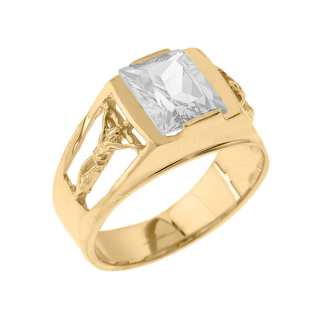 Yellow Gold Crucifix Cross Lab Created Gemstone Men's Ring