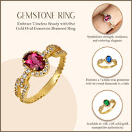 Gold Oval Gemstone Diamond Halo Studded Chain Link Ring 7.5mm (Available in Yellow/Rose/White Gold)