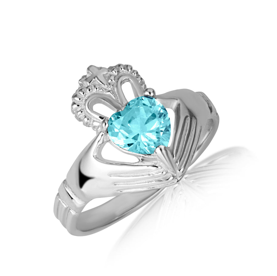 .925 Sterling Silver Woman's Elegant Claddagh Birthstone Heart Shape Ring