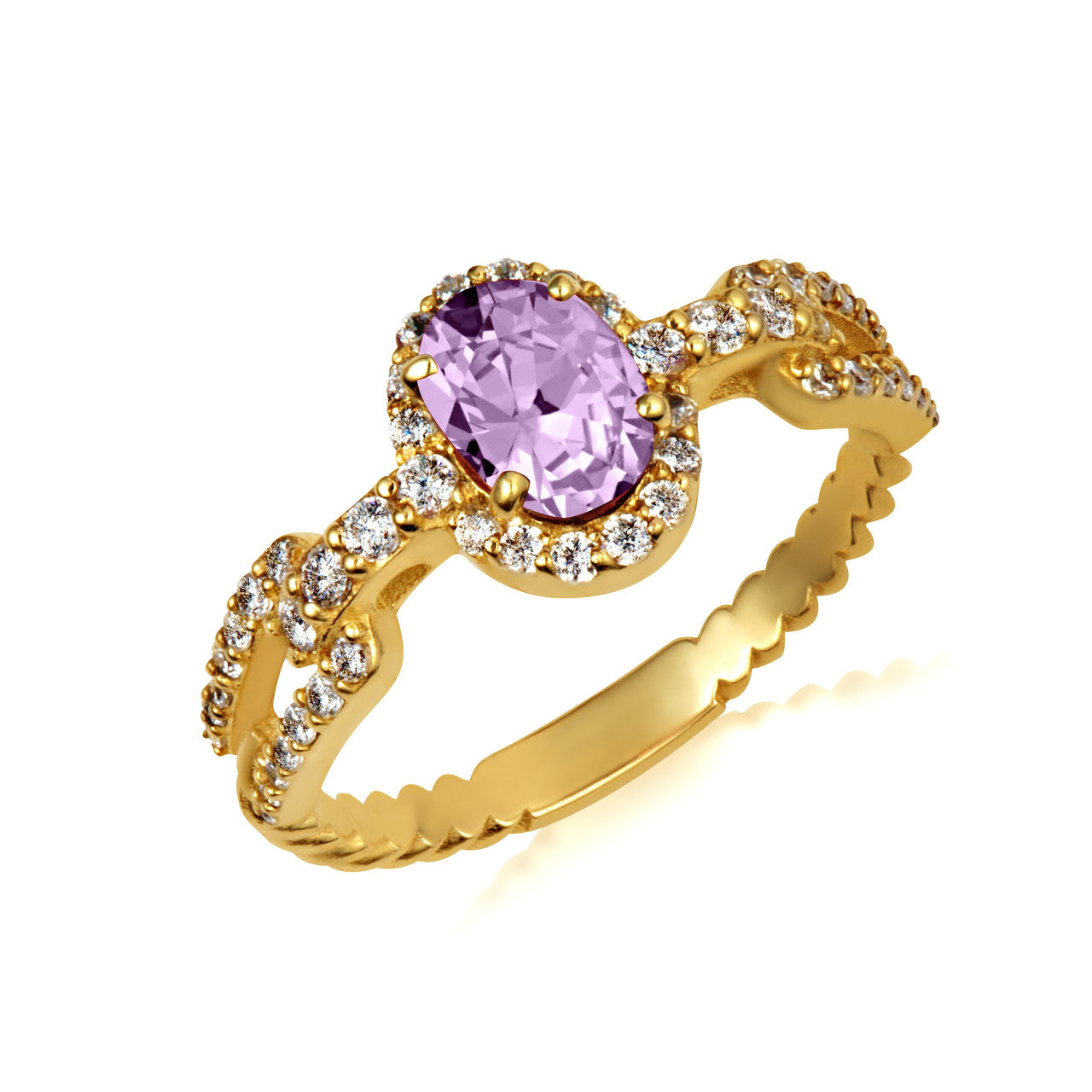 Gold Oval Gemstone Diamond Halo Studded Chain Link Ring 7.5mm (Available in Yellow/Rose/White Gold)