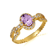 Gold Oval Gemstone Diamond Halo Studded Chain Link Ring 7.5mm (Available in Yellow/Rose/White Gold)
