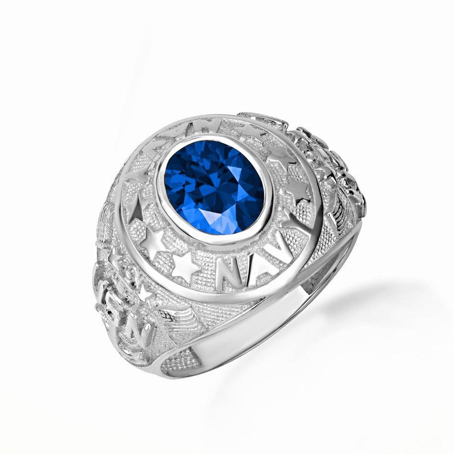 .925 Sterling Silver United States Navy Cubic Zirconia Birthstone Officially Licensed Men's Ring