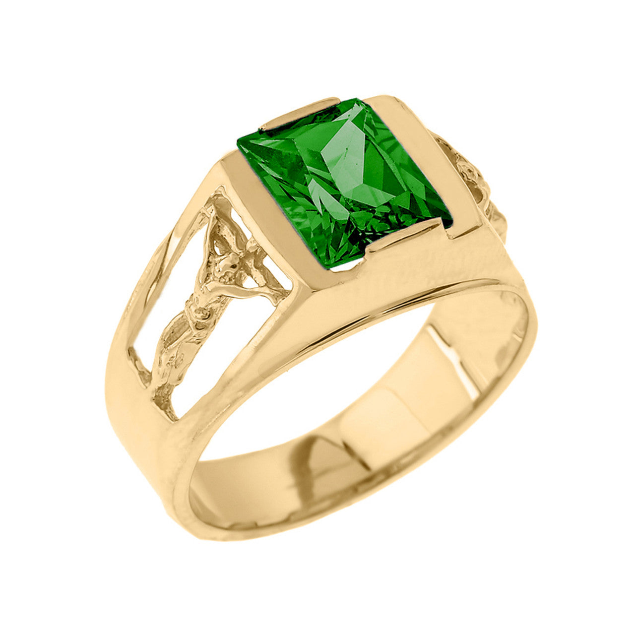 Yellow Gold Crucifix Cross Lab Created Gemstone Men's Ring