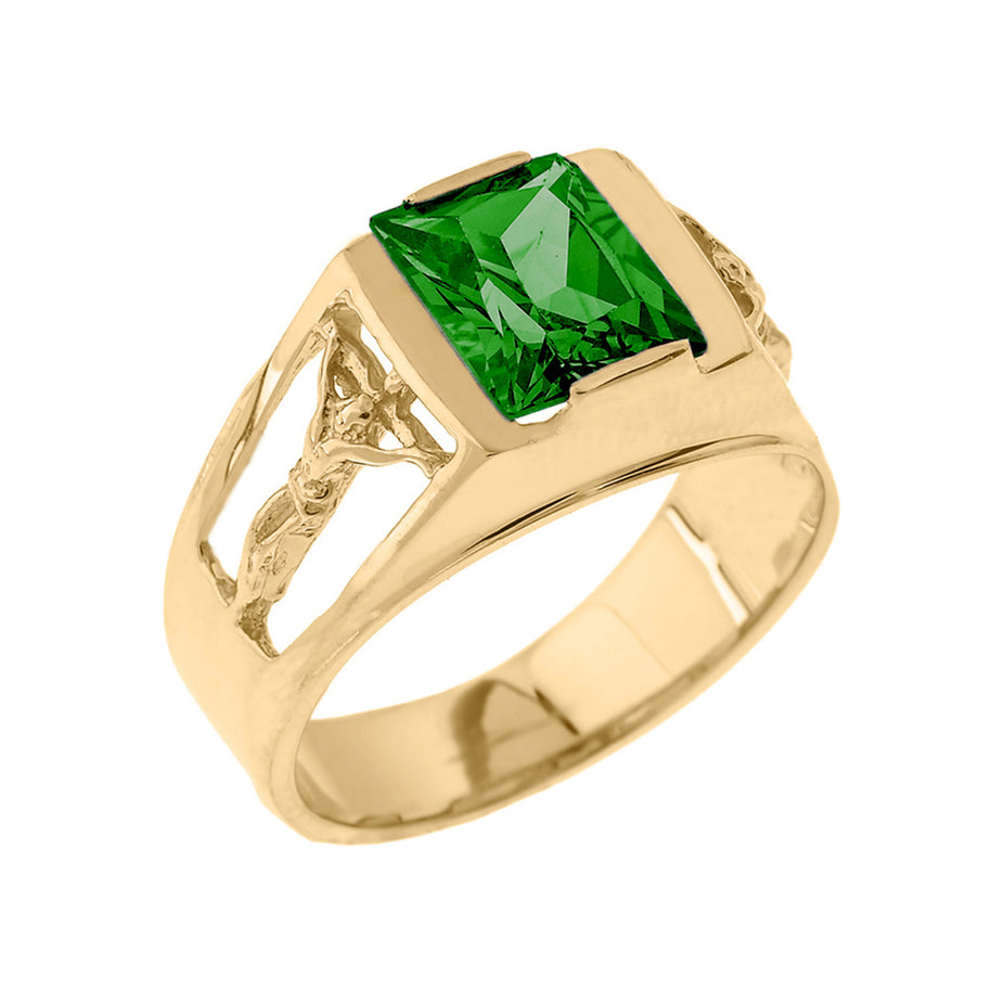 Yellow Gold Crucifix Cross Lab Created Gemstone Men's Ring