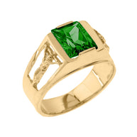 Yellow Gold Crucifix Cross Lab Created Gemstone Men's Ring