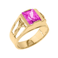 Yellow Gold Crucifix Cross Lab Created Gemstone Men's Ring