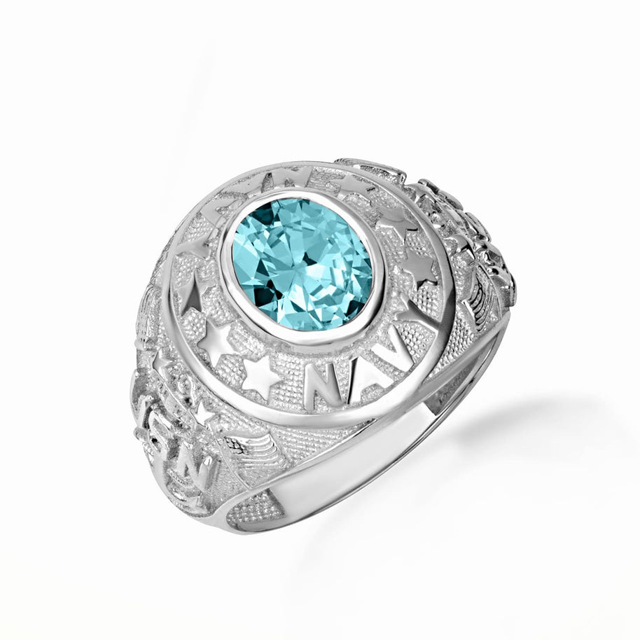 .925 Sterling Silver United States Navy Cubic Zirconia Birthstone Officially Licensed Men's Ring