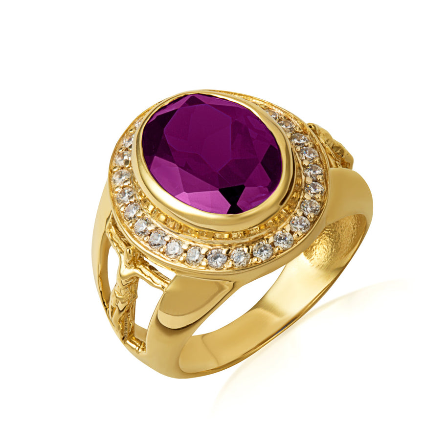 Gold Oval Birthstone Halo Jesus Christ Cross Crucifix Ring (Available in Yellow/Rose/White Gold)