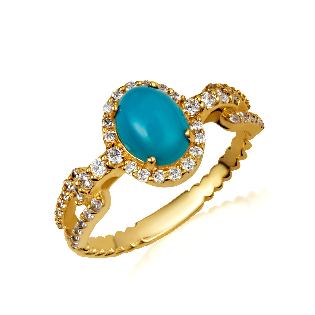 Gold Oval Gemstone Diamond Halo Studded Chain Link Ring 7.5mm (Available in Yellow/Rose/White Gold)