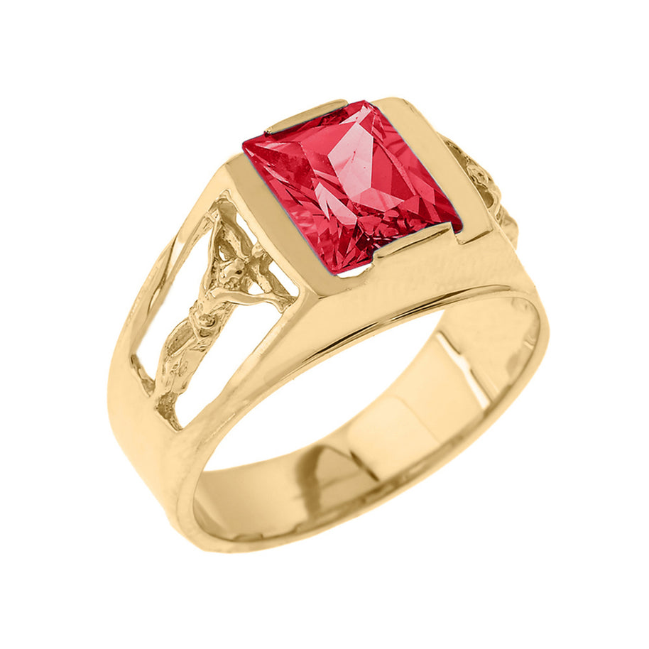 Yellow Gold Crucifix Cross Lab Created Gemstone Men's Ring