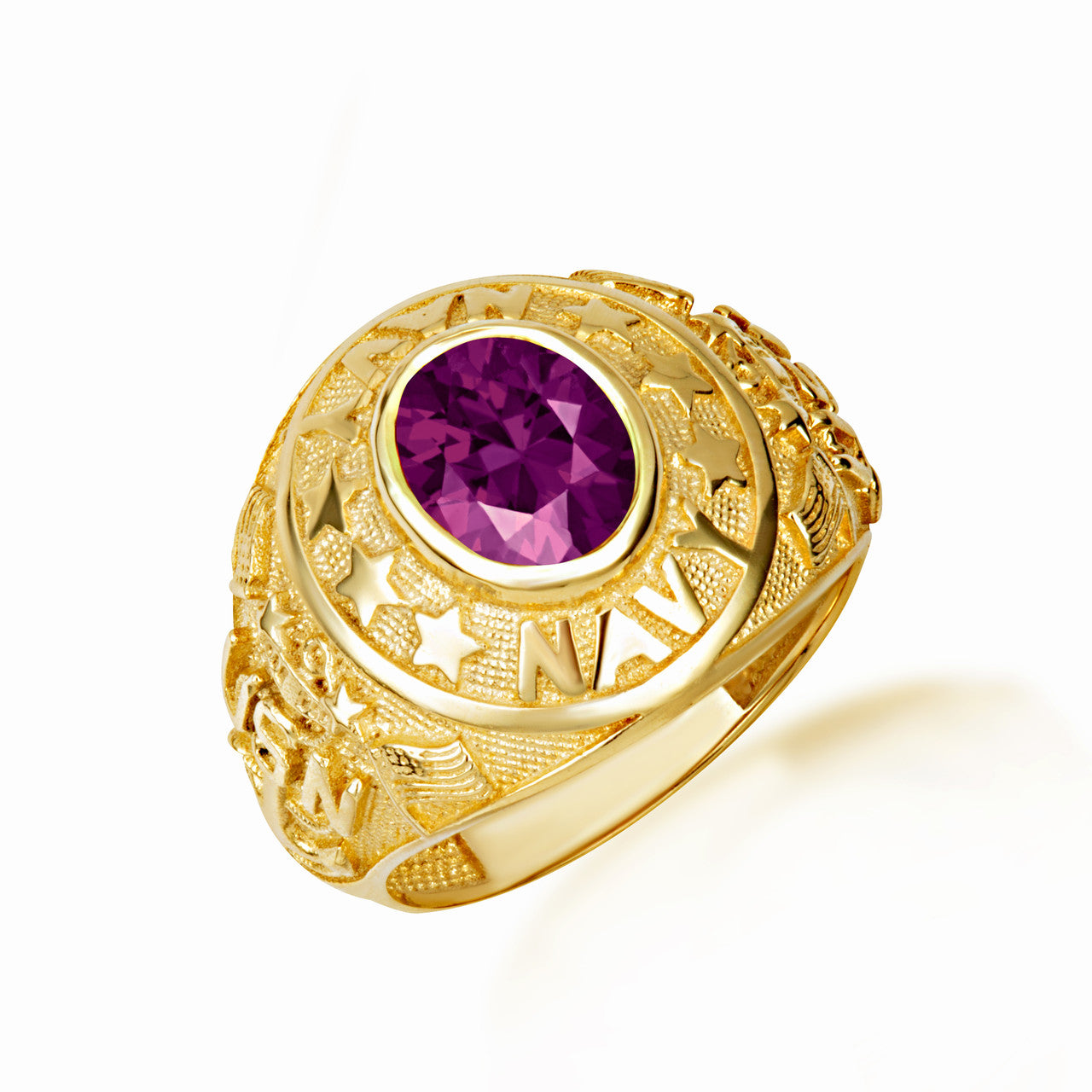 Gold United States Navy Cubic Zirconia Birthstone Officially Licensed Men's Ring (Available in Yellow/Rose/White Gold)