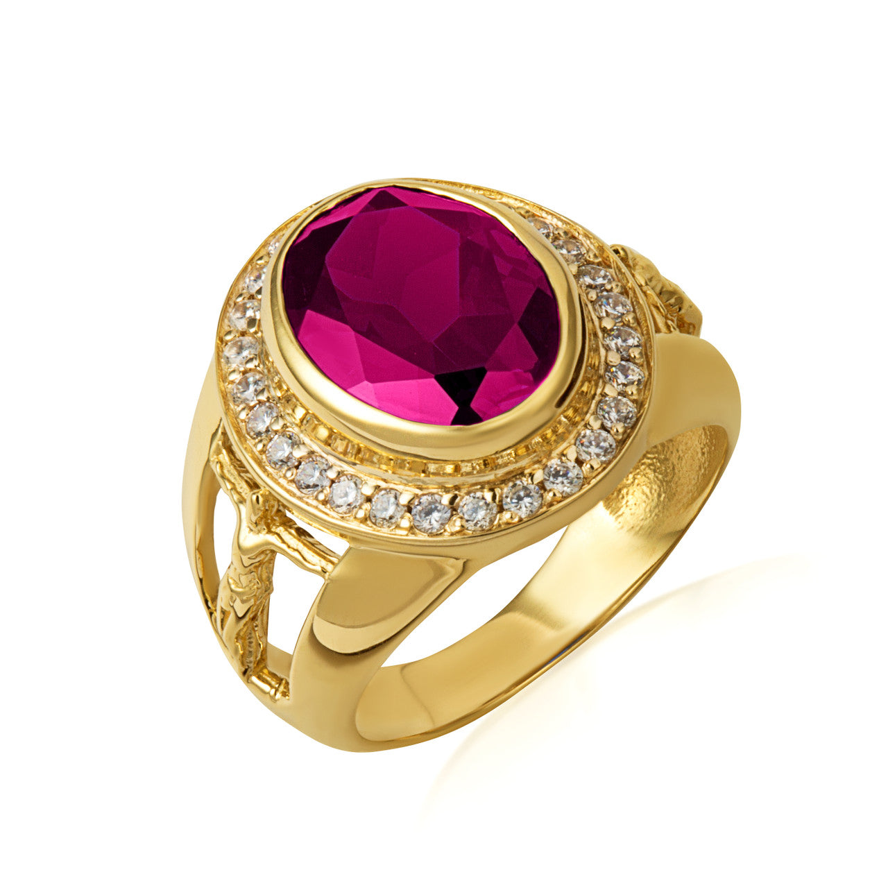 Gold Oval Birthstone Halo Jesus Christ Cross Crucifix Ring (Available in Yellow/Rose/White Gold)