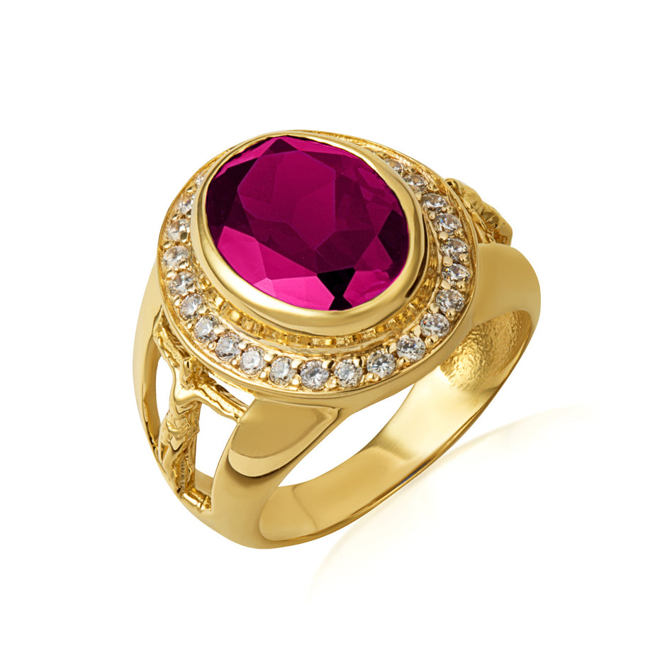 Gold Oval Birthstone Halo Jesus Christ Cross Crucifix Ring (Available in Yellow/Rose/White Gold)